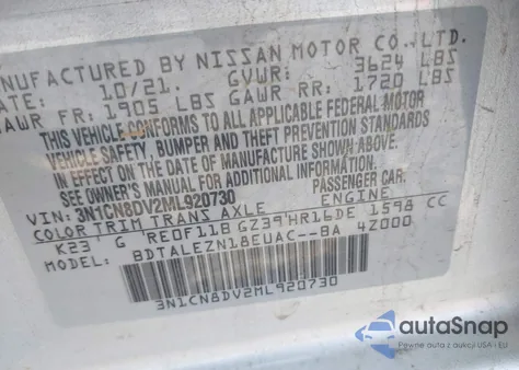 2021 Nissan Versa S Xtronic Cvt from USA, damaged, VIN 3N1CN8DV2ML920730